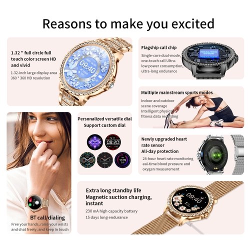 1.32 Inches Smartwatch IP67-Waterproof BT5.0 Intelligent Watch Fitness Tracker Multifunctional Watch Compatible with Android4.4/ iOS7.1 