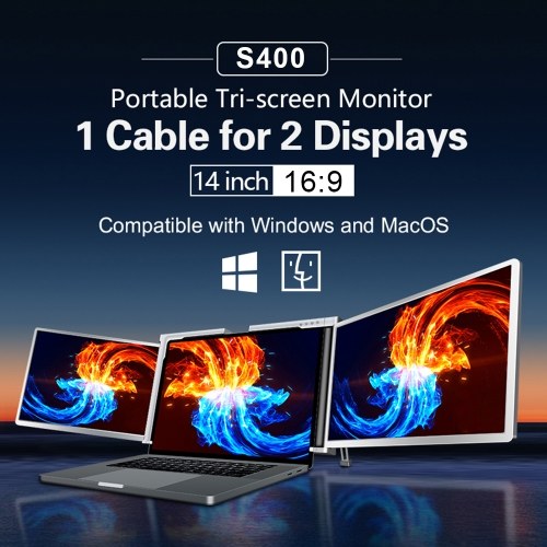 14 inches Portable Triple-screen Monitor Laptop  FHD Expansion Screen with 1 Cable for 2 Displays for Windows, MacOS for 15-17.3 inch Laptop (S400 16:9 Aspect Ratio) 