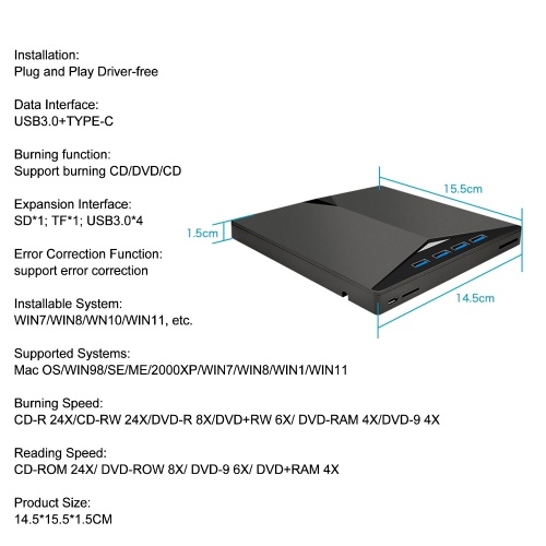 External CD/DVD Drive for Laptop Portable DVD Player CD Burner 3.0 USB External Mobile DVD/CD Seven-in-One Recorder TYPE-C External Computer Universal Drive Seven-in-One Multifunctional Design 
