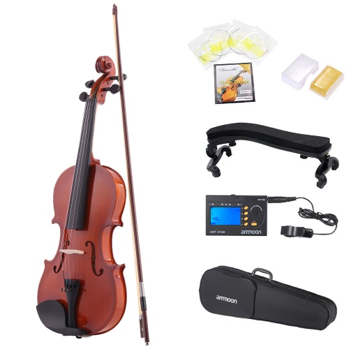 ammoon 3/4 Natural Acoustic Violin Fiddle Spruce Steel String with Case Arbor Bow for Music Lovers Beginners + ammoon AMT-01GB Multifunctional 3in1 Digital Tuner + Metronome + Tone Generator for Chromatic Guitar Bass Violin + 4pcs A Set of Violin Strings + Violin Shoulder Rest