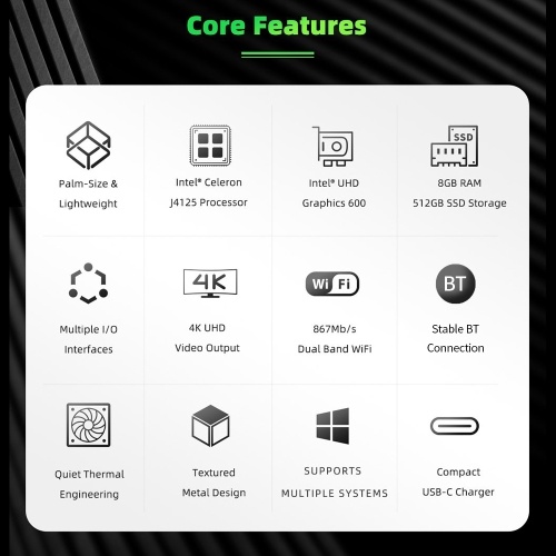 

GMK KB1 Mini PC Intel Celeron J4125 Processor Intel UHD Graphics 600 GPU 8GB+512GB Memory Dual-band WiFi US Plug