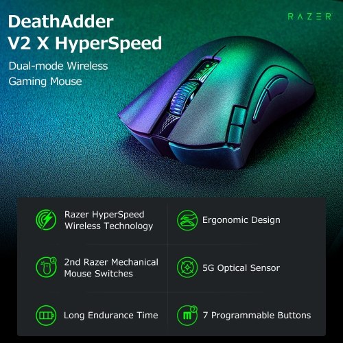 

Двухрежимная беспроводная игровая мышь Razer DeathAdder V2 X HyperSpeed, оптический датчик 5G, 14000 точек на дюйм, 7 программируемых кнопок