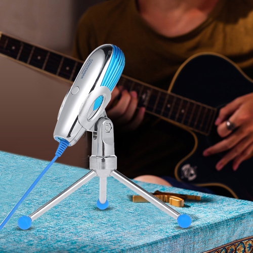 

SF-500B USB Condenser Microphone Plug and Play Microphone Built-in Sound card with Folding Tripod Stand for Home Studio Computer Silver with Blue