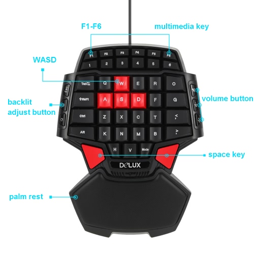 

Delux T9 47-Key Professional One/Single Hand USB Wired Esport Gaming Keyboard with 3-level LED Backlit Illuminated Backlight