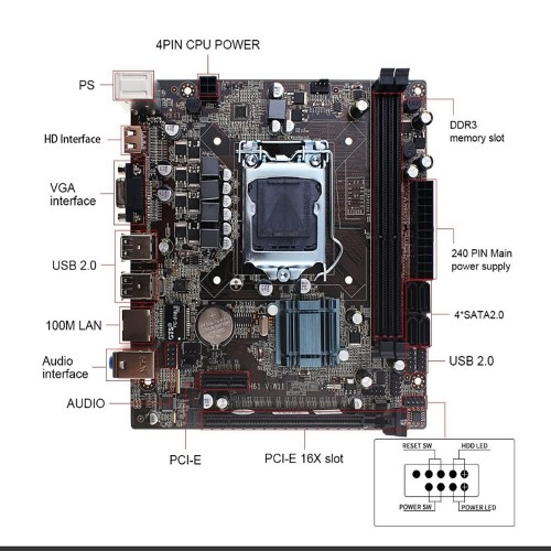 

H61 V W11 Motherboard MATX Motherboard HD Interface LGA1155, I3 / I5 / I7(Sandy Bridgea and Ivy Bridge) Processor 2 DIMM Slots DDR3 Memory Up to 16GB Memory Capacity
