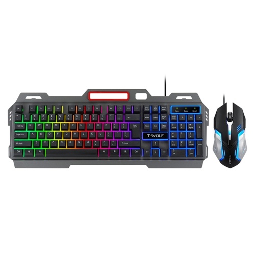 T-WOLF TF-600 Wired Keyboard Mouse Combo 104 Keys Metal Panel Gaming Keyboard Suspension Keycap 4-gear Adjustable DPI Mouse