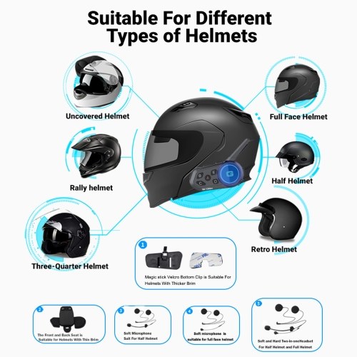 Motorcycle BT Headset, Motorcycle Helmet Intercom, BT Connection Stereo Music Intelligent Noise Reduction Voice Prompt 500M Double Intercom, Intelligent Noise Reduction, FM Radio Long Battery Life for Worry-Free Riding 