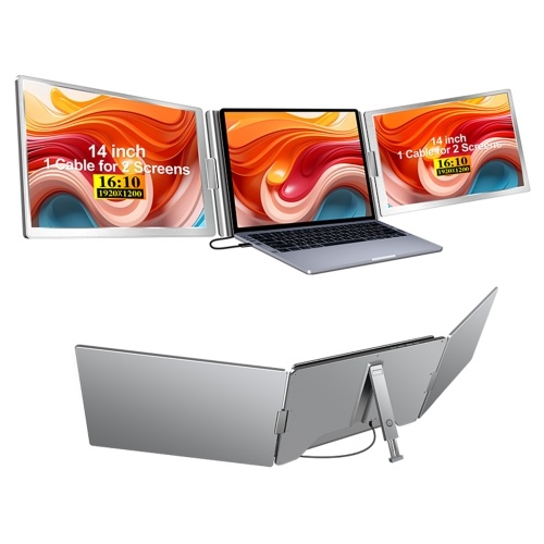 14`` Laptop Screen Extender 1080P FHD Portable Triple Monitor for 13-17.3`` Laptop Folding Monitor Extender with Kickstand Carrying Bag 