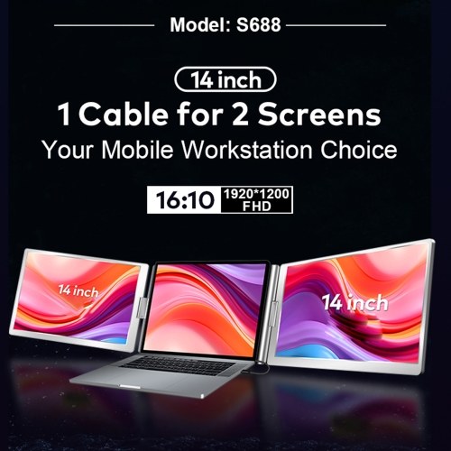 14`` Laptop Screen Extender 1080P FHD Portable Triple Monitor for 13-17.3`` Laptop Folding Monitor Extender with Kickstand Carrying Bag 