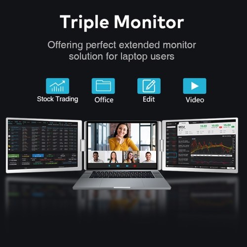 14`` Laptop Screen Extender 1080P FHD Portable Triple Monitor for 13-17.3`` Laptop Folding Monitor Extender with Kickstand Carrying Bag 
