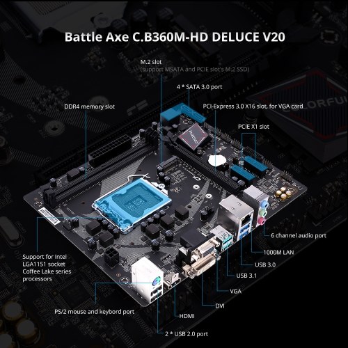 

Colorful Battle Axe C.B360M-HD DELUXE V20 Computer Gaming Motherboard Desktop Mainboard Systemboard for Intel B360 LGA 1151 Socket DDR4 SATA3 M.2 USB3.1 Port M-ATX