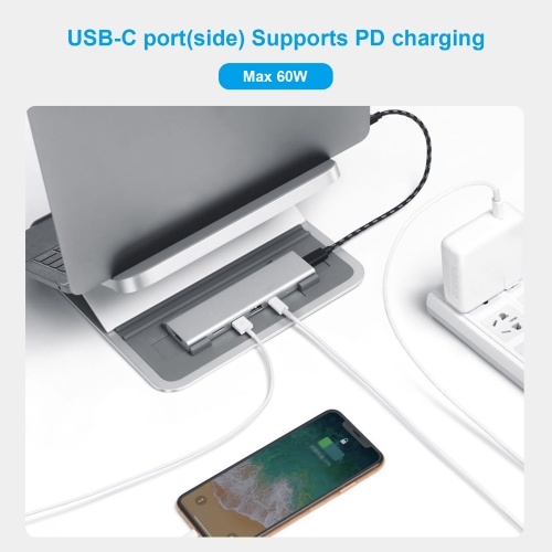 

HUISHU Laptop Stand 5-Level Adjustable Height Foldable Computer Holders with USB C Hub 6 in 1 Multiport Adapter Portable Docking Station 4K High Definition Multimedia Interface Output 2 USB 3.0 Ports S D TF Slots Support PD Charged