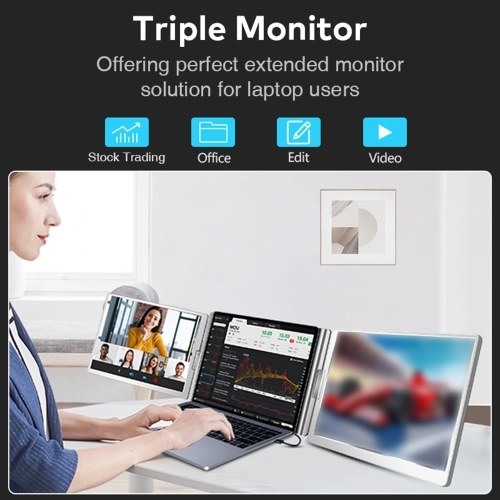 16`` Laptop Screen Extender 16:10 FHD Portable Triple Monitor for 12-18.5`` Laptop Folding Monitor Extender with Kickstand Carrying Bag 