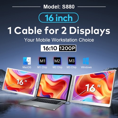 16`` Laptop Screen Extender 16:10 FHD Portable Triple Monitor for 12-18.5`` Laptop Folding Monitor Extender with Kickstand Carrying Bag 