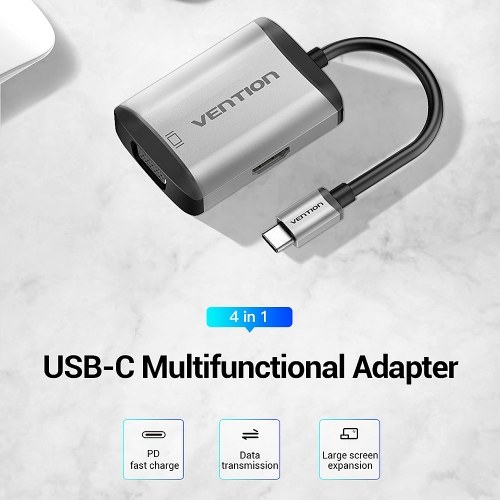 CS@ Vention USB-C to HDMI/VGA/1USB-A/ PD Cable 4-in-1 Multi Function 0.15M. Space Grey (TFAHB)