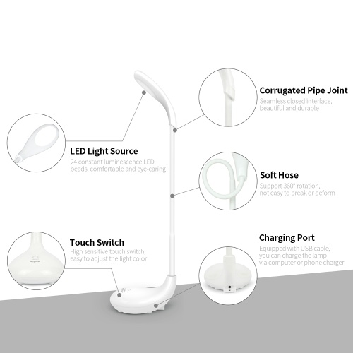 

WOPOW TD10 LED Desk Lamp Rechargeable LED Eye-caring Desk Lamp with 3 Color Temperature Touch Switch Adjustable Silicone Hose