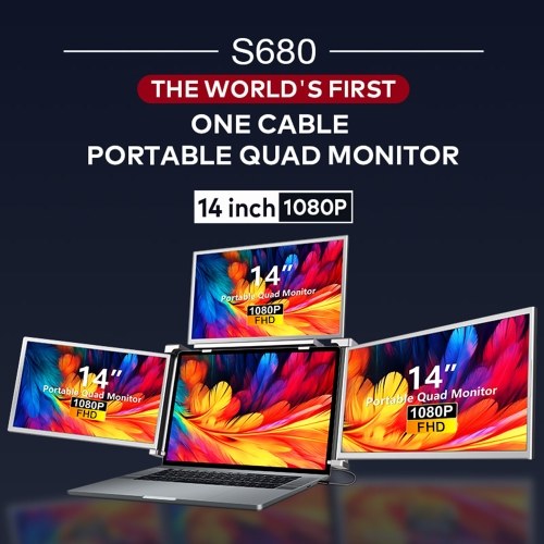 14 inches Laptop Expansion Screen 1080P FHD Portable Quad-screen Monitor Fordable & Rotatable Design Driver Quick Installation with 1 Cable for 3 Displays for Windows, MacOS for 13.6-17.3 inch Laptop 