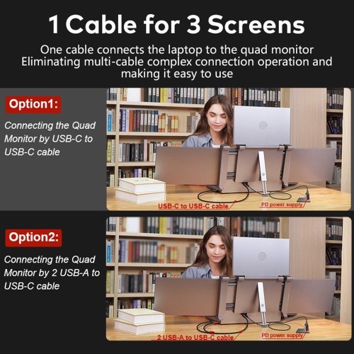 14 inches Laptop Expansion Screen 1080P FHD Portable Quad-screen Monitor Fordable & Rotatable Design Driver Quick Installation with 1 Cable for 3 Displays for Windows, MacOS for 13.6-17.3 inch Laptop 