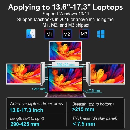 14 inches Laptop Expansion Screen 1080P FHD Portable Quad-screen Monitor Fordable & Rotatable Design Driver Quick Installation with 1 Cable for 3 Displays for Windows, MacOS for 13.6-17.3 inch Laptop 