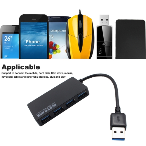 

Portable USB3.0 4 Ports Hub High Speed One Drag Four USB Hub Plug and Play for Laptop Desktop Black