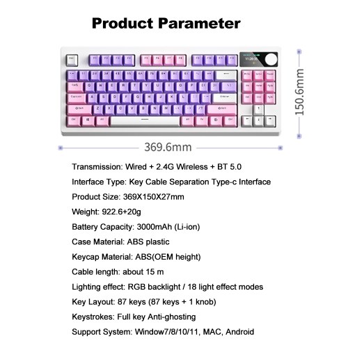 Wireless Mechanical Keyboard K87 Keyboard RGB Mechanical Keyboard  Three Mode Connectivity  18 Lighting Effects  Hot Swap  High Capacity Battery  DIY Software Support  for PC Gaming and Typing (Red Switch) 
