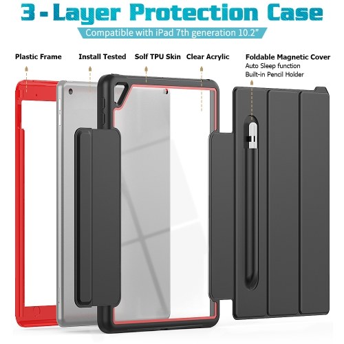 Tablet Case Replacement for iPad 7th Generation 10.2-inch Shock Proof Case Red Black
