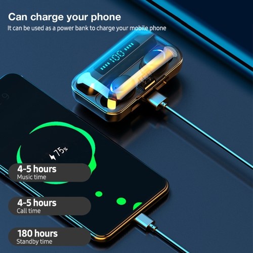 

Wireless BT Headphone In-ear Sports Earbuds with Battery Display Screen Intelligent Touch Control Power Bank Function Black