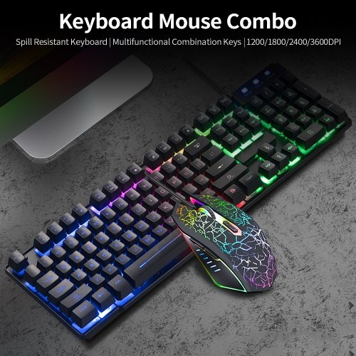 

Keyboard Mouse Combo Spill Resistant Keyboard Multifunctional Combination Keys Optical Mouse 1200/1800/2400/3600DPI Black