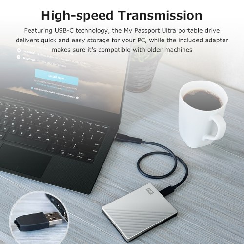 WD My Passport Ultra 2.5 inch Mobile Hard Disk Type-C Interface Metal Texture Built-in 256-bit AES Hardware Encryption 1TB Silver 