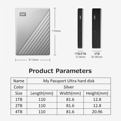 WD My Passport Ultra 2.5 inch Mobile Hard Disk Type-C Interface Metal Texture Built-in 256-bit AES Hardware Encryption 1TB Silver 