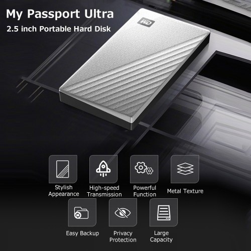 WD My Passport Ultra 2.5 inch Mobile Hard Disk Type-C Interface Metal Texture Built-in 256-bit AES Hardware Encryption 1TB Silver 