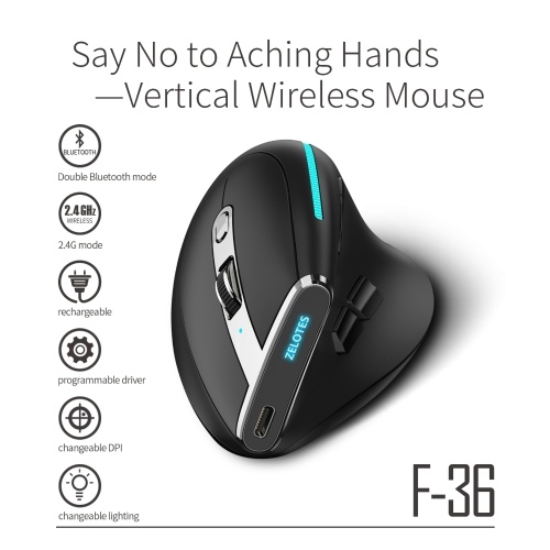 ZELOTES F-36 Wireless vertical 2.4G Bluetooth mouse full color light 8 key programming five DPI game mouse built-in 730mah lithium battery Black 