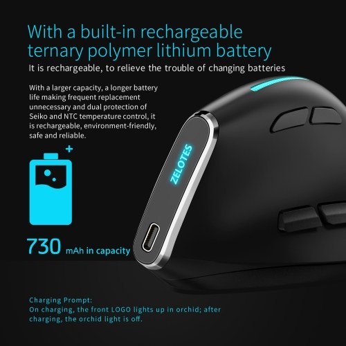 ZELOTES F-36 Wireless vertical 2.4G Bluetooth mouse full color light 8 key programming five DPI game mouse built-in 730mah lithium battery Black 