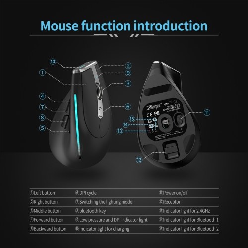 ZELOTES F-36 Wireless vertical 2.4G Bluetooth mouse full color light 8 key programming five DPI game mouse built-in 730mah lithium battery Black 