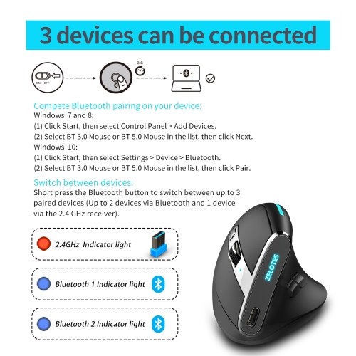 ZELOTES F-36 Wireless vertical 2.4G Bluetooth mouse full color light 8 key programming five DPI game mouse built-in 730mah lithium battery Black 