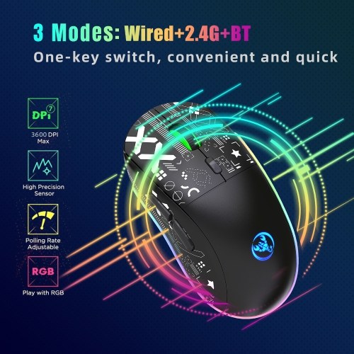 hxsj T90 2.4G Wireless Mechanical Mouse RGB Gaming Mouse Ergonomic Design 10 Million Keystroke Lifetime 3600DPI 11 RGB Lighting Modes 