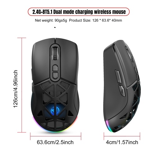 

HXSJ T26 Wireless 2.4G BT5.1 Dual-Mode Rechargeable Gaming Mouse 4800DPI Adjustable E-sports Mice Cool RGB Lights Long Endurance Battery For Computer Laptop PC