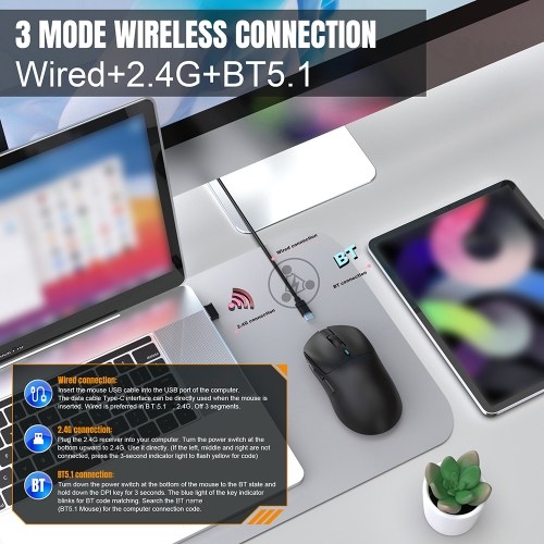 HXSJ T68 Wireless 2.4G BT5.1 Wired Tri-Mode Rechargeable Gaming Mouse 12000DPI Adjustable E-sports Mice Lightweight and 6 keys Customize Design Long Endurance Battery For Computer Laptop PC 