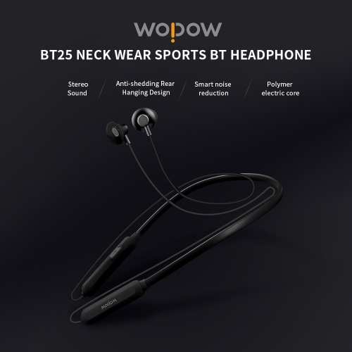 

WOPOW BT Headphone Sports Running Headphone Neck Wear Semi-in- ear Headphone 4.2 Smart Noise Reduction Sports BT Headphone BT25 Black