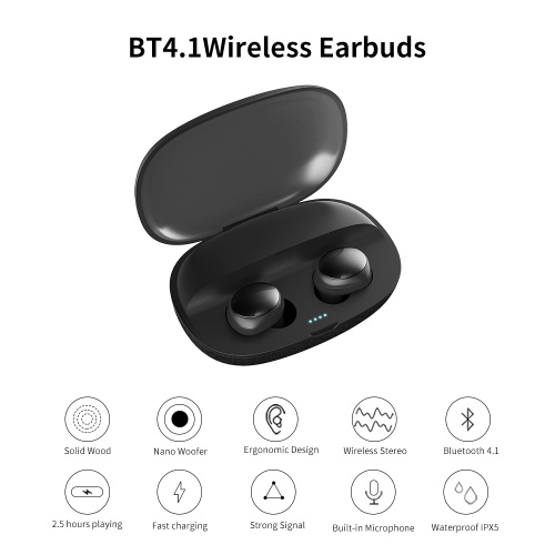 

Wireless Earbuds BT4.1 Sports Headphone IPX5 Waterproof Mini Earbuds 1200mAh Battery Case 2.5H Playing Time (Black)