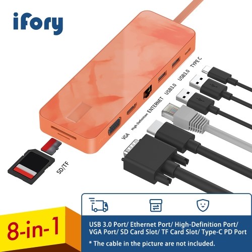 

iFory 8-in-1 Type C Hub USB C Adapter Converter Card Reader Type-c Connector with USB 3.0/Type-C PD Port & 4K High-Definition/VGA/RJ45 Ethernet Port & TF/S-D Card Slot