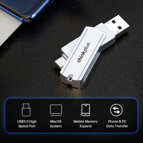 Lenovo thinkplus TPCU301Plus U Disk 256GB USB3.0+Type-C Port Recognition USB Flash Drive Thumb Drive Support Tablet Mobile Phone Computer Laptop MacOS System 