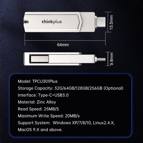 Lenovo thinkplus TPCU301Plus U Disk 256GB USB3.0+Type-C Port Recognition USB Flash Drive Thumb Drive Support Tablet Mobile Phone Computer Laptop MacOS System 