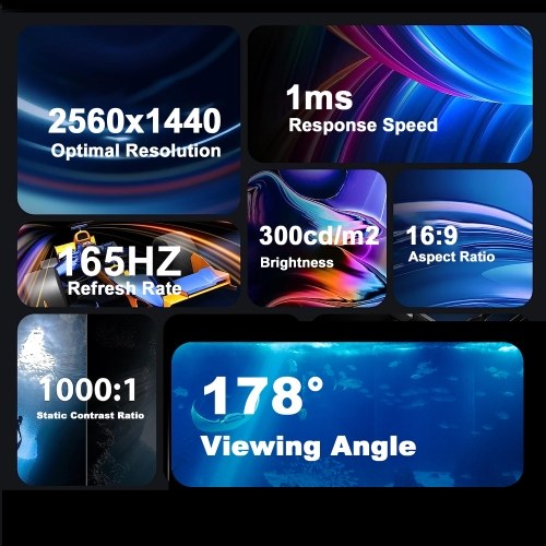 2K Gaming Monitor 27in Computer Monitor Ultra Thin LED 2560x1440 Fast 165HZ Desktop Monitor Screen Protector for Eyes High Clear 16:9 IPS Panel 300cd/m2 Compatible HDMI/DP/USB 