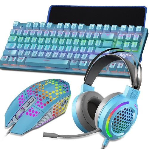 PC Gaming Set 87-key Keyboard Blue Switch Wired Programmable 8000 DPI Mouse Wired 7.1 Surround Sound Headset with Mic Mouse Pad, Blue