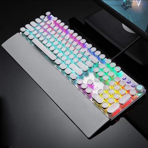 AULA F2088 104 Keys Wired Gaming Mechanical Punk Round Keyboard Mixed Light Effect Metal Panel with Wrist Pad White (синие переключатели)