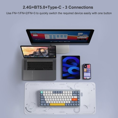 iBlancod Wireless Mechanical Keyboard 84 Keys 2.4G+BT5.0+Type-C 3 Connections 75% Low Profile Layout Keyboards 15 Light Effect 5 Brightness Levels for Tablet Laptop Smartphone OUTEMU Blue Switches 