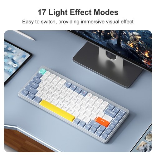 iBlancod Wireless Mechanical Keyboard 84 Keys 2.4G+BT5.0+Type-C 3 Connections 75% Low Profile Layout Keyboards 15 Light Effect 5 Brightness Levels for Tablet Laptop Smartphone OUTEMU Blue Switches 