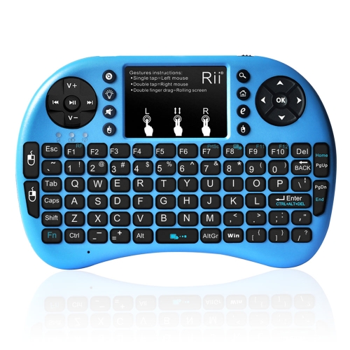 Rii i8+ 2.4G Mini Tastiera Senza Fili con Retroilluminazione Controluce Multi-tatto Touchpad US Struttura Palmare per Andriod Scatola di TV  HTPC PC Pad (RT-MWK08+)