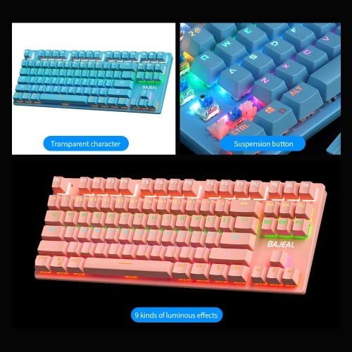 

BAJEAL 87 Keys Wired Mechanical Keyboard Mixed Light Mechanical Keyboard with Mechanical Blue Switch Suspension Button Pink